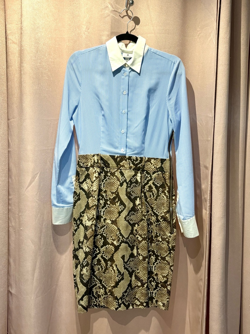 Altuzarra Blue Shirt-Collar Dress with Snake-Print Skirt